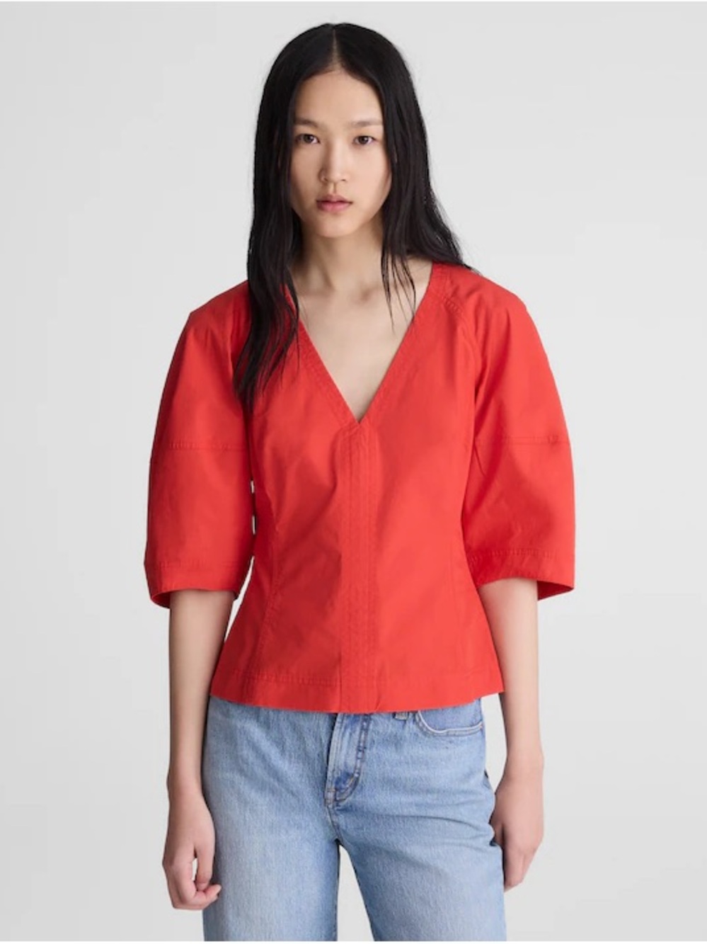 NWT Madewell Sculptural V-Neck Poplin Top Wild Poppy Red Size 6 Flawed